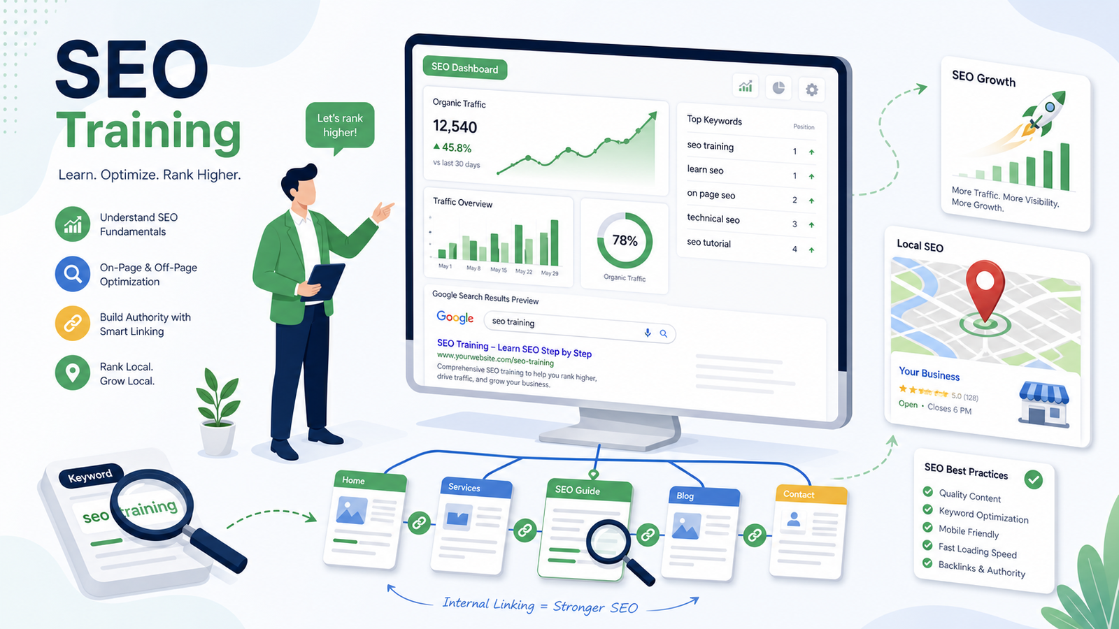 Illustration SEO avec analyse de mots-clés, croissance de trafic et optimisation de site