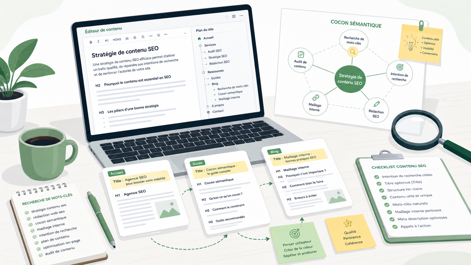 Illustration de stratégie SEO avec tableau de bord, contenus et structure de site