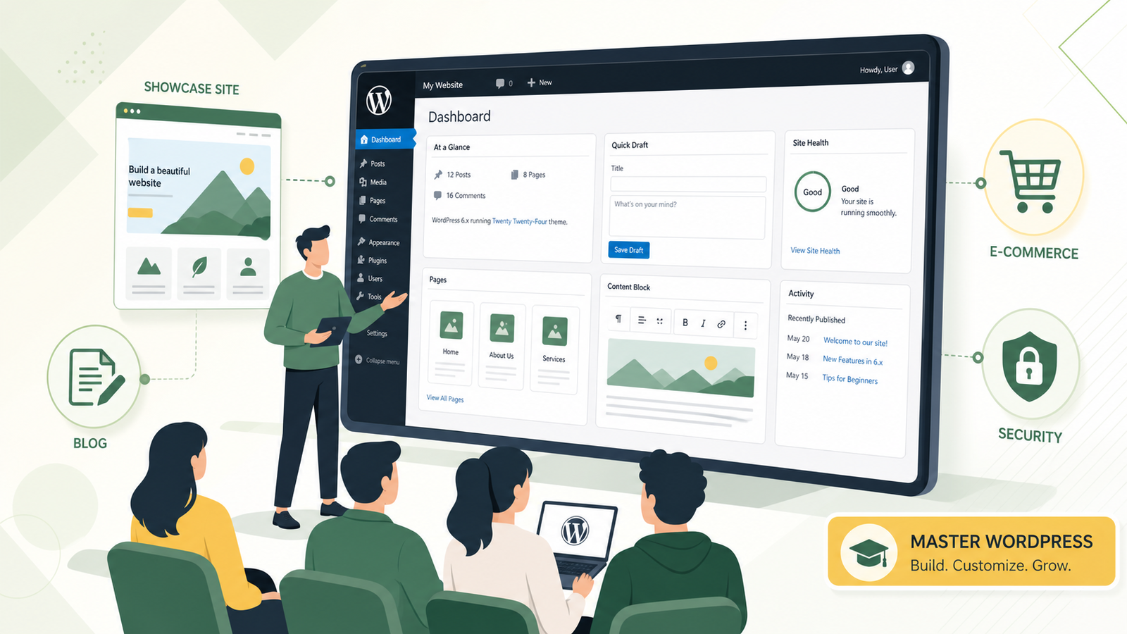 Illustration vectorielle WordPress avec pages, extensions et structure de contenu