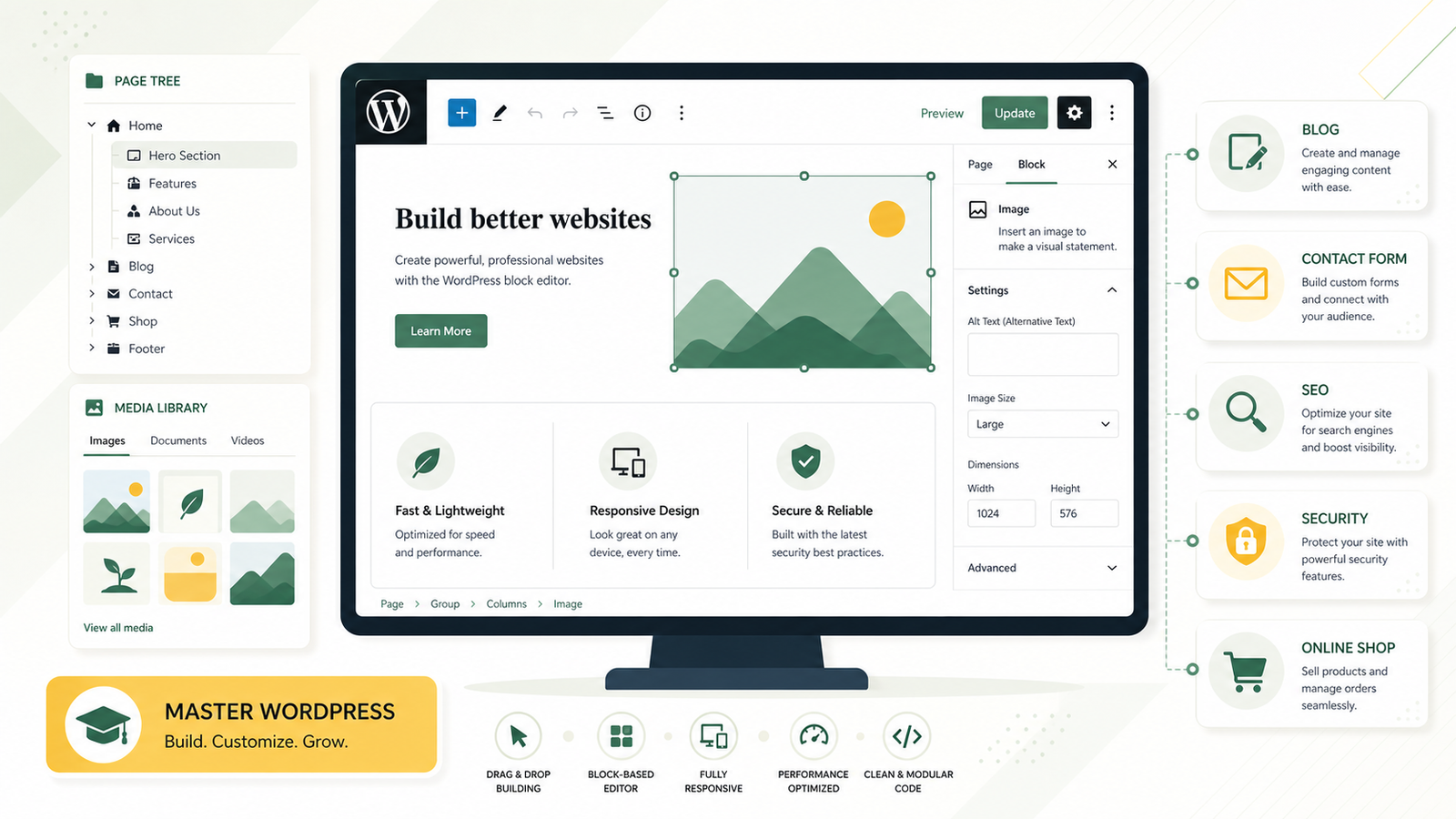 Illustration vectorielle d’une formation WordPress avec interface de site, blocs et réglages