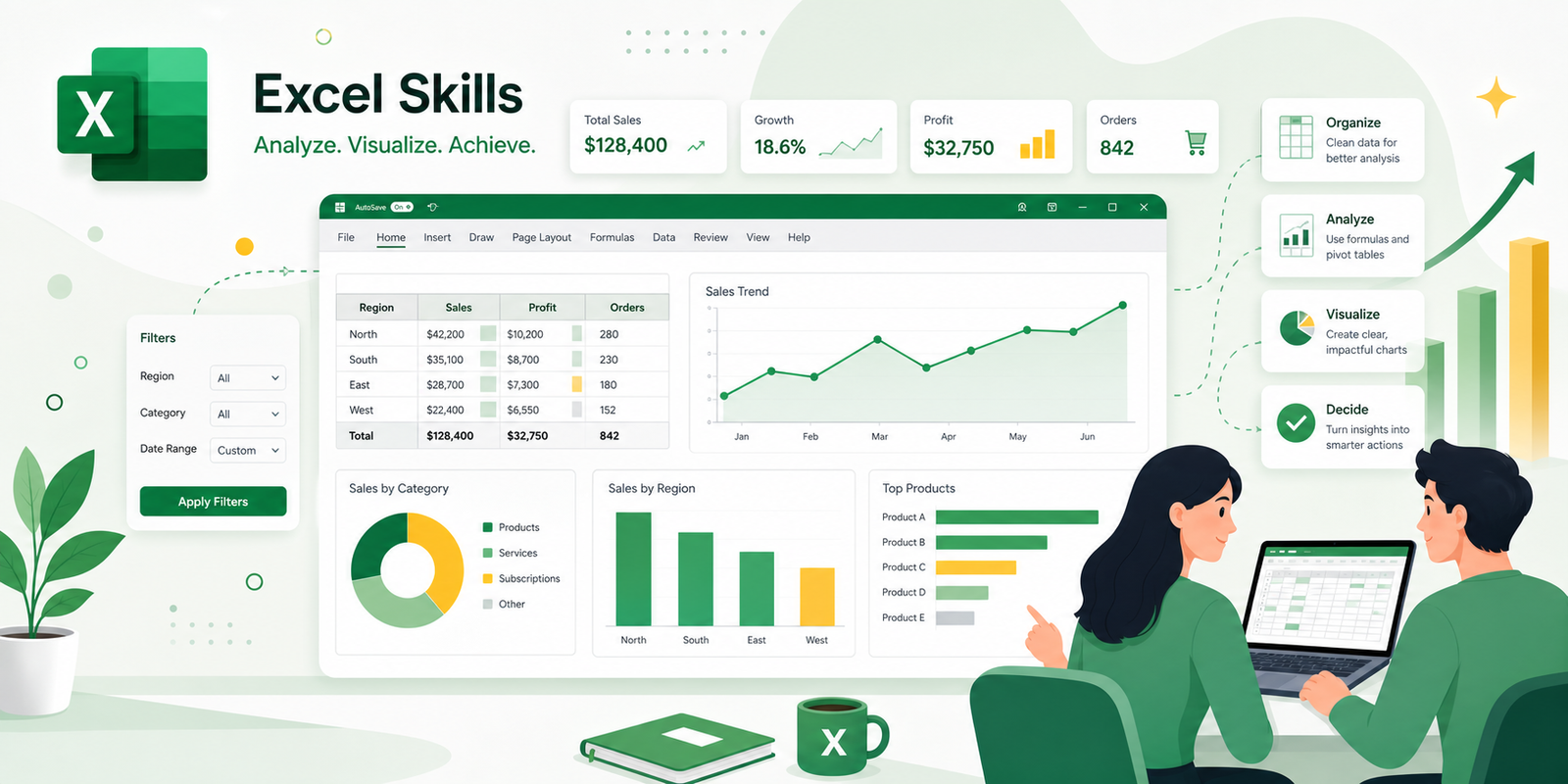 Illustration d’une formation Excel avec tableaux, graphiques et automatisations