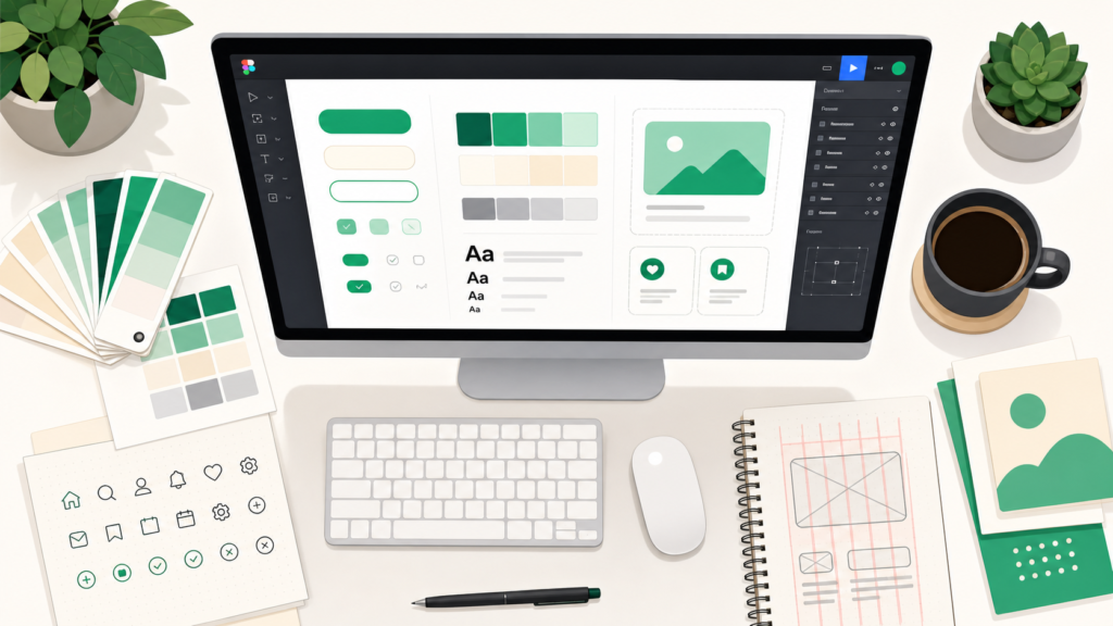 Un designer d'interface utilisateur travaillant sur un projet numérique avec des outils de conception sur un écran