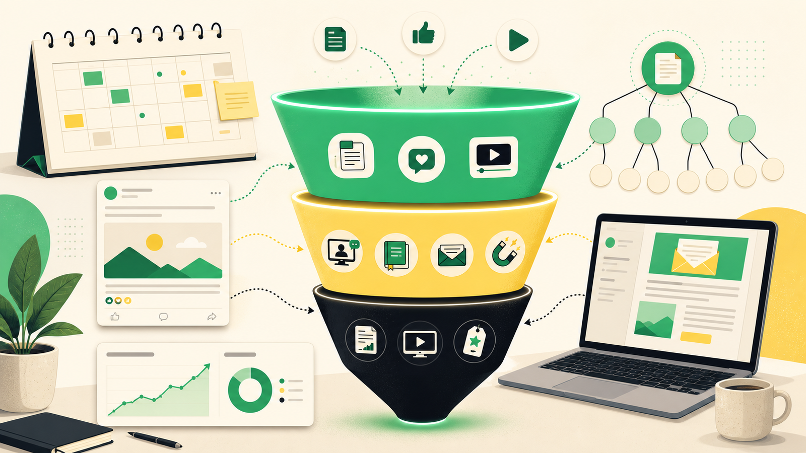 Schéma illustrant une stratégie de contenu pour le marketing digital, avec des éléments clés et des étapes organisées.